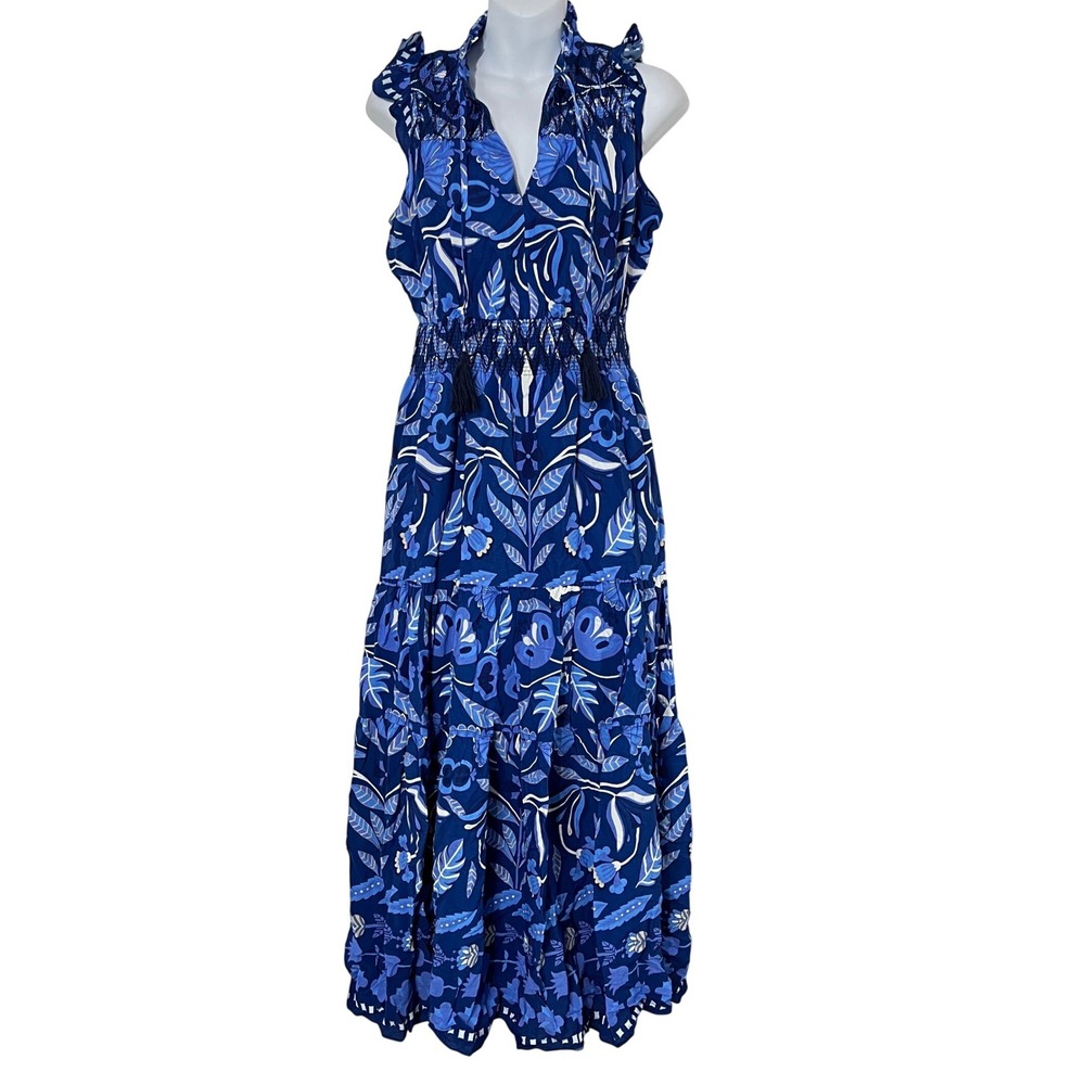 Sail to Sable Geo Floral Maxi Dress Women‎ XS Blue Smocked Tiered Tassel F2472